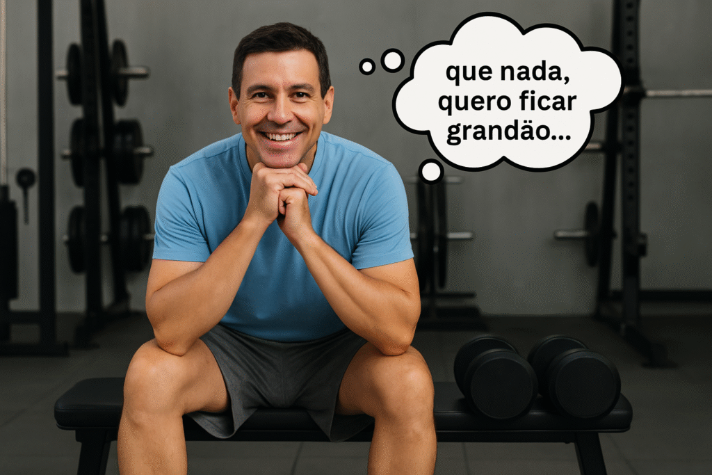 homem sentado num banco da academia sorrindo, com pensamento "que nada, quero ficar grandão". Imagem criada por IA.